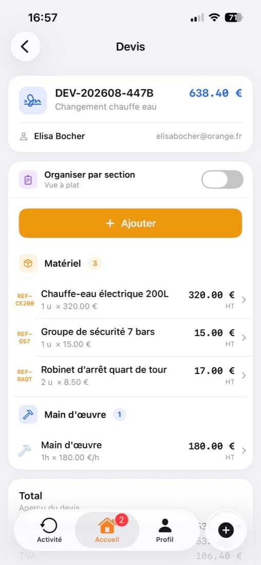Écran de création de devis