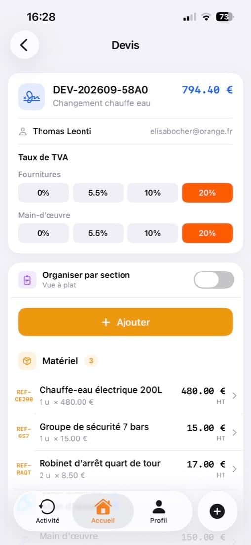 Écran Devis de l’application HYPTO
