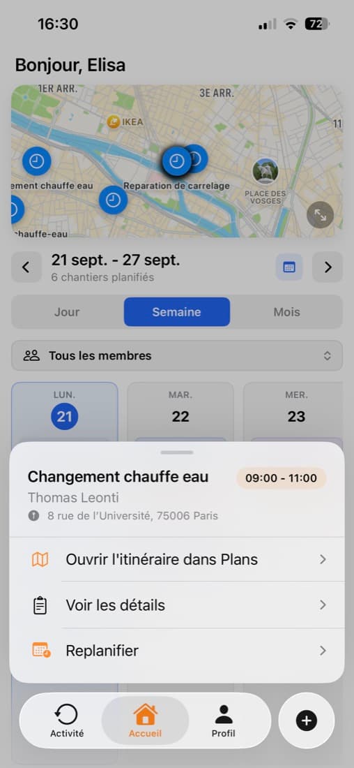 Écran planning de l’application HYPTO